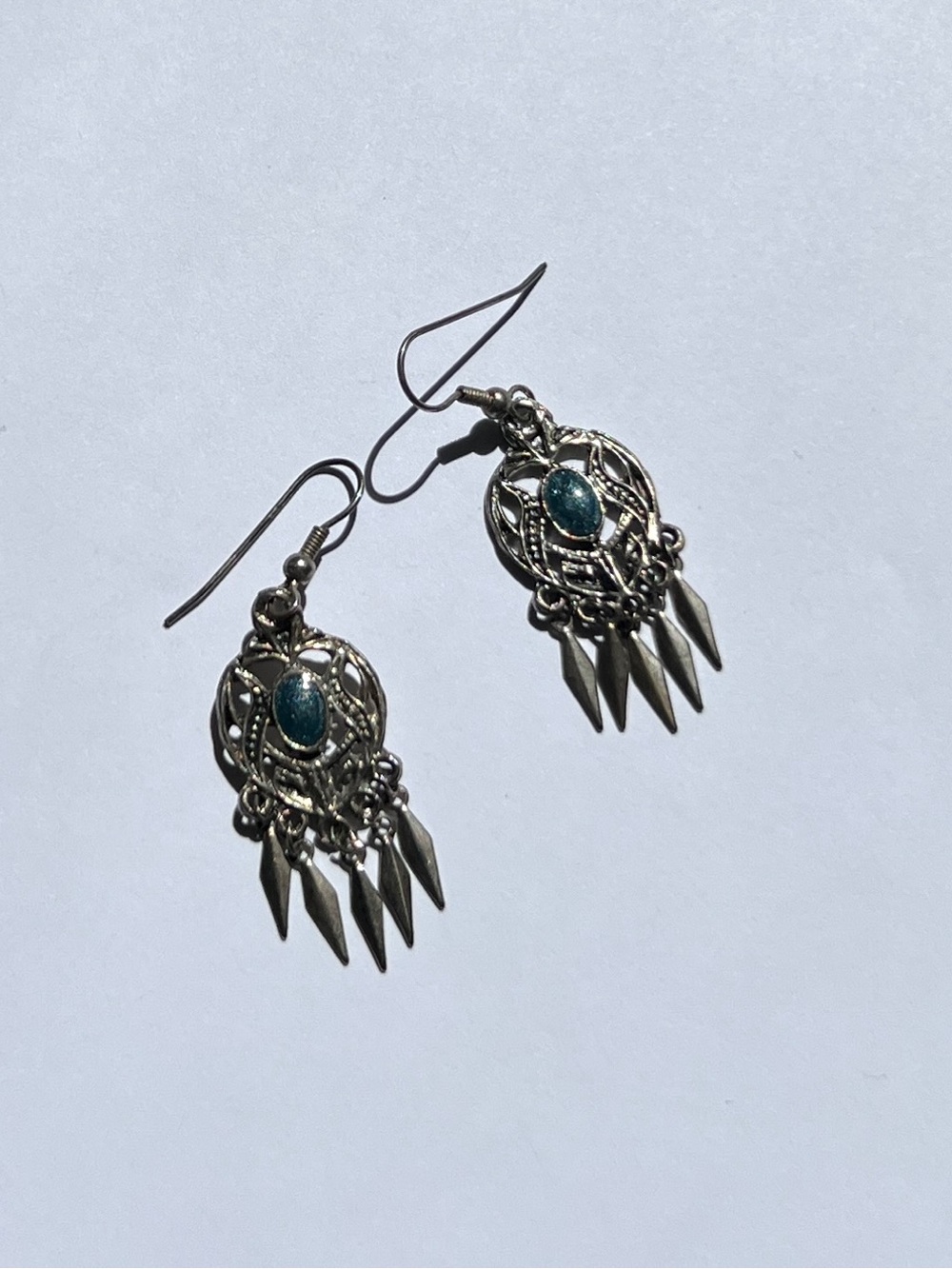 Vintage Boho Teal Stone Filigree Dangle Earrings | Antique Silver Chandelier